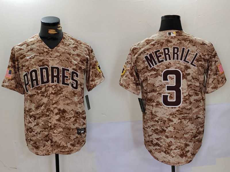 Mens San Diego Padres #3 Jackson Merrill Camo Cool Base Stitched Jersey